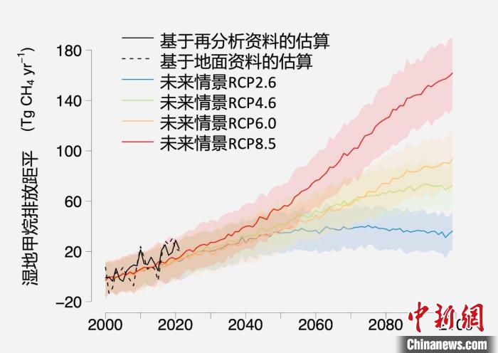 基于觀測的濕地甲烷排放變化與未來氣候變化情景下估算的對比?！≈锌圃呵嗖馗咴?供圖