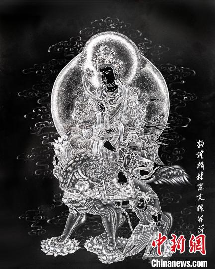圖為朱增平創(chuàng)作的鍥金畫(huà)《敦煌榆林窟文殊菩薩》。(資料圖) 受訪者供圖