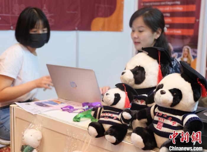 北京理工大學帶來可愛熊貓玩偶，頗為吸睛 陳悅 攝