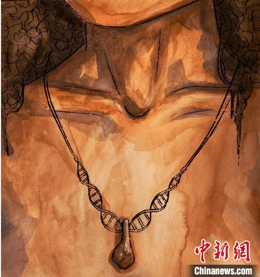 墜飾藝術(shù)再現(xiàn)圖，圖中吊墜繩為DNA螺旋樣式(圖片作者M(jìn)yrthe Lucas)?！∈┢樟指瘛ぷ匀?供圖
