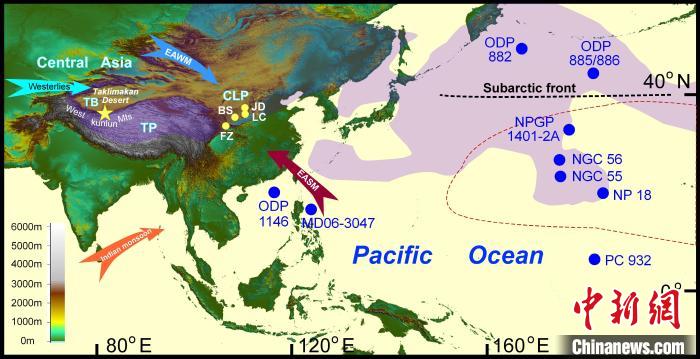 塔里木沙塵傳輸至北太平洋的路徑(陰影區(qū))及西昆侖山黃土巖芯位置(五角星)?！≈锌圃呵嗖馗咴?供圖