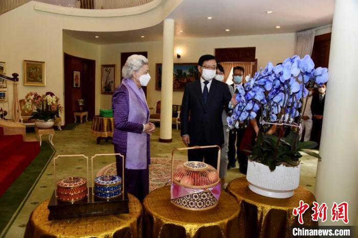 王文天大使介紹中國(guó)傳統(tǒng)工藝品及云南的蘭花和鮮果?！≈袊?guó)駐柬埔寨大使館微信公眾號(hào) 攝