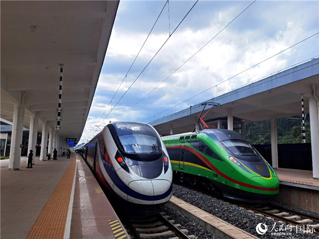 “復(fù)興號(hào)”和“瀾滄號(hào)”國(guó)際旅客列車?？吭诶蠐肽ザ≌?。人民網(wǎng) 杜明明攝