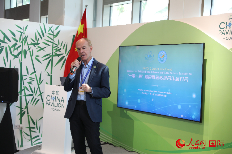 綠色聯(lián)盟聯(lián)合主席、世界自然基金會國際特使蘭博蒂尼在“一帶一路”綠色低碳轉(zhuǎn)型合作研討會上發(fā)言。人民網(wǎng)記者 張志文攝