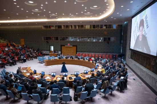 這是2023年11月20日在位于紐約的聯(lián)合國總部拍攝的安理會“共同發(fā)展促進持久和平”公開辯論會現(xiàn)場。中國作為輪值主席，倡議聯(lián)合國安理會20日舉行主題為“共同發(fā)展促進持久和平”的公開辯論會。新華社發(fā)（聯(lián)合國供圖/埃斯金德·德貝卜攝）