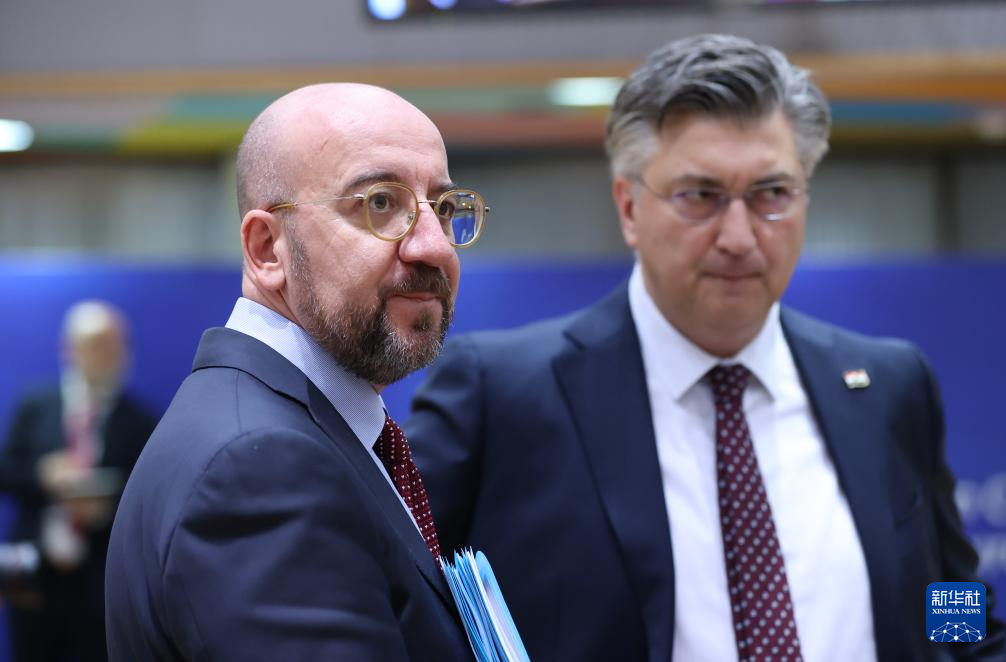 2月1日，歐洲理事會主席米歇爾（左）出席在比利時布魯塞爾舉行的歐盟特別峰會。新華社記者 趙丁喆 攝