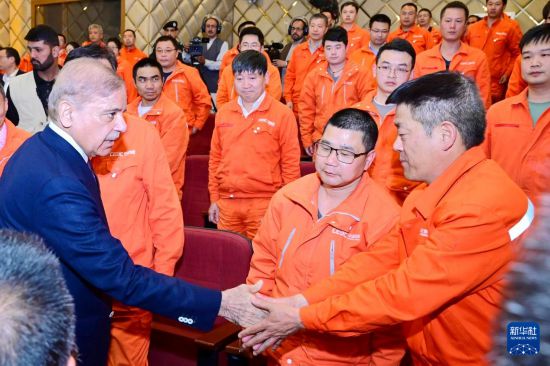 4月1日，在巴基斯坦西北部開伯爾-普什圖省達(dá)蘇，巴基斯坦總理夏巴茲（左）同達(dá)蘇水電站項(xiàng)目中方員工握手。新華社發(fā)（巴基斯坦新聞與廣播部下轄媒體信息部門供圖）