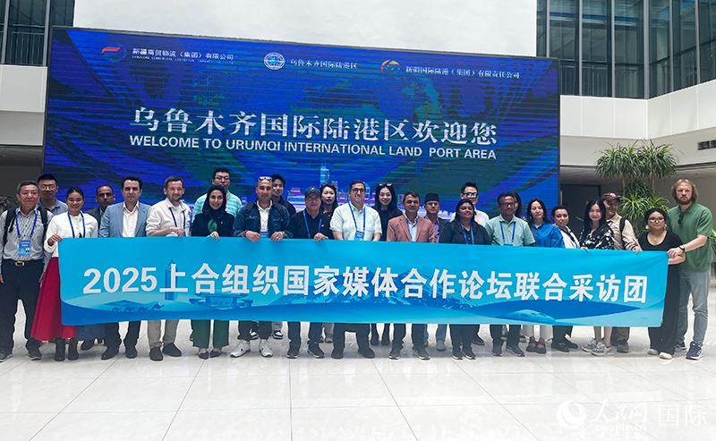 5月26日，外國媒體人在烏魯木齊國際陸港區(qū)合影留念。 人民網(wǎng)記者 翟轉(zhuǎn)麗攝