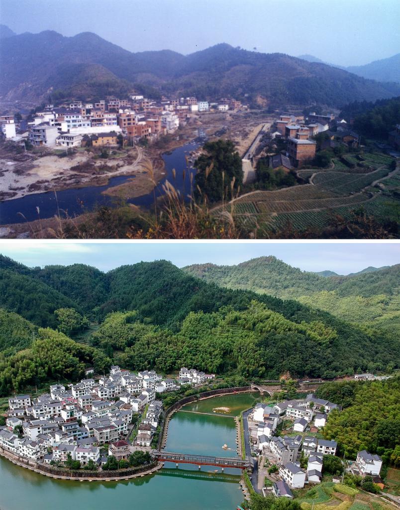 圖為浙江省杭州市淳安縣楓樹嶺鎮(zhèn)下姜村拼版圖，其中上圖為資料照片、下圖由新華社記者張鋮攝。