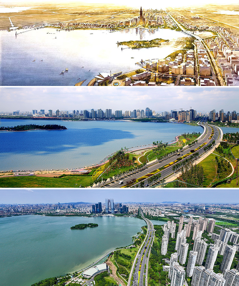 拼版照片：上圖為1994年繪制的蘇州工業(yè)園區(qū)手繪規(guī)劃圖；中圖為2007年拍攝的蘇州工業(yè)園區(qū)；下圖為2023年7月4日用無人機(jī)拍攝的蘇州工業(yè)園區(qū)。