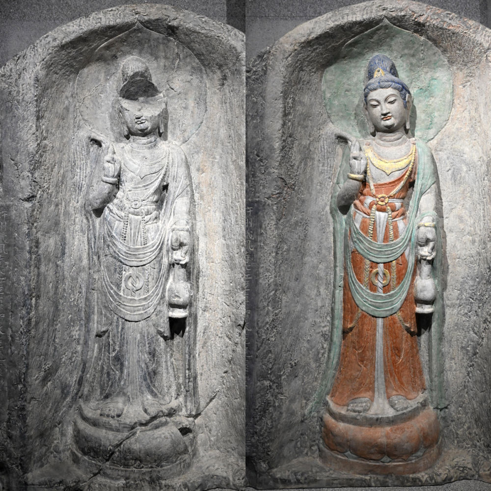 左圖為龍門石窟萬佛洞窟前南壁菩薩造像的3D打印模型；右圖為利用數(shù)字化技術(shù)復(fù)原后的3D打印模型（2025年4月10日攝，拼版照片）。復(fù)原后的像龕精妙絕倫，栩栩如生，被游客譽(yù)為“龍門最美菩薩”。圖片來源新華社