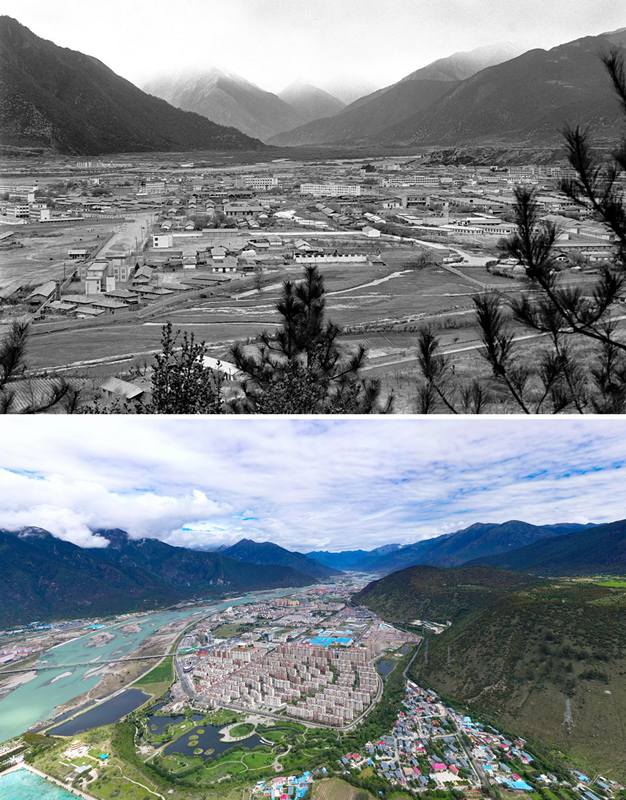 拼版照片：上圖是20世紀90年代的西藏林芝八一鎮(zhèn)；下圖是2021年7月20日拍攝的西藏林芝八一鎮(zhèn)風貌。