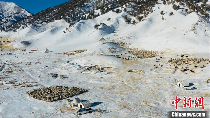 圖為無人機(jī)航拍牧場?！《继m縣融媒體中心供圖