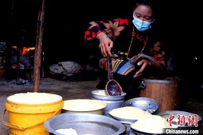 圖為牧民正在制作酥油?！∪湛t文聯(lián)供圖